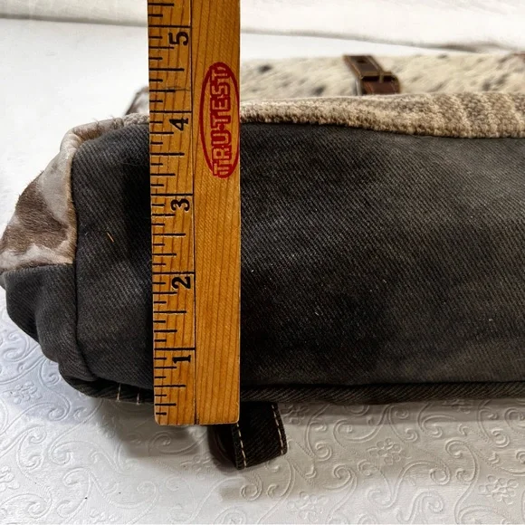 Myra Bag Handmade Crossroads Backpack Upcycled Canvas Cowhide Leather Patchwork - Picture 12 of 16